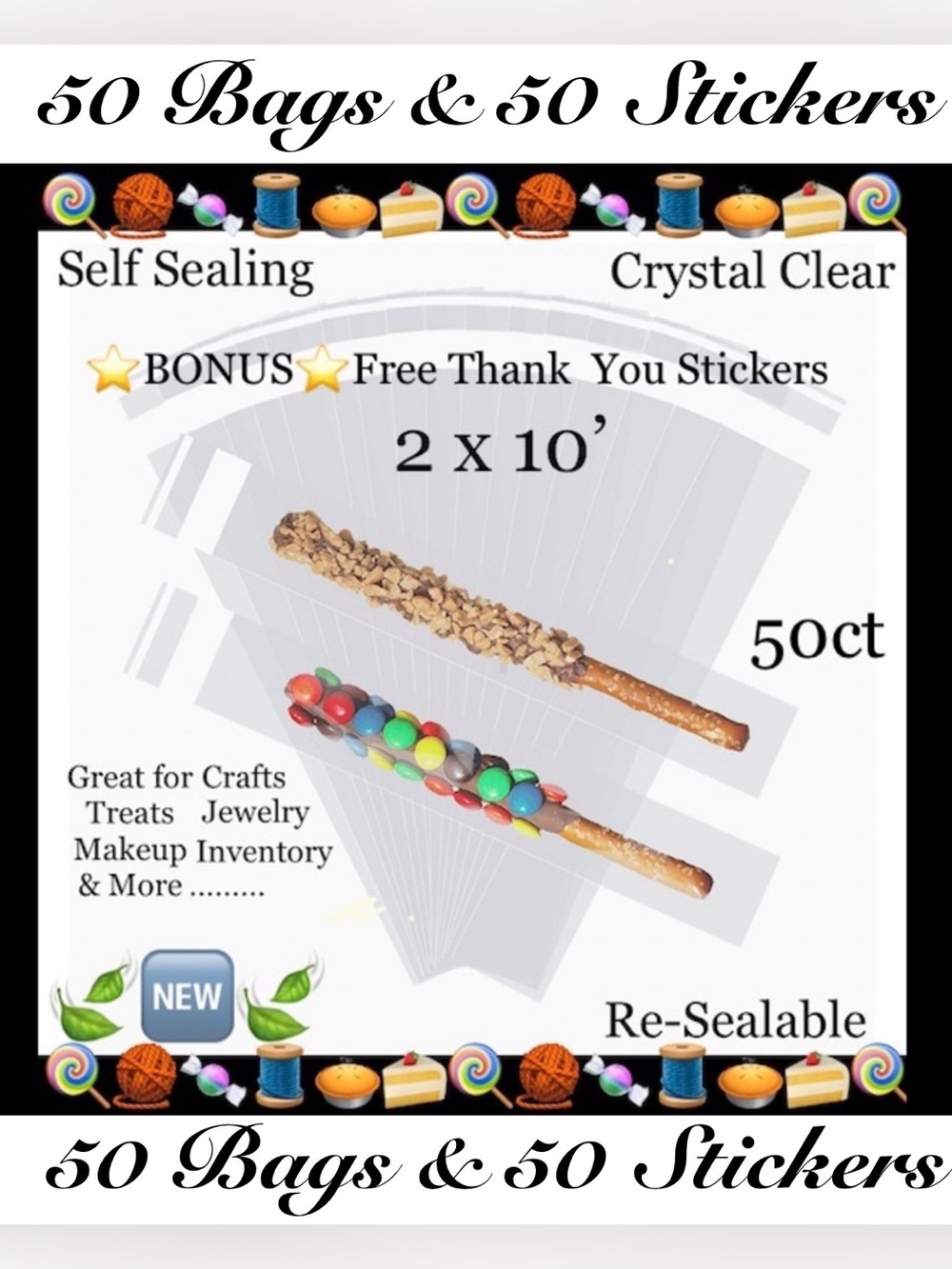 50ct 2x10’ Clear Cello Bags w/50ct Free Stickers 🍃🆕🍃Crystal Clear~ Resealable…